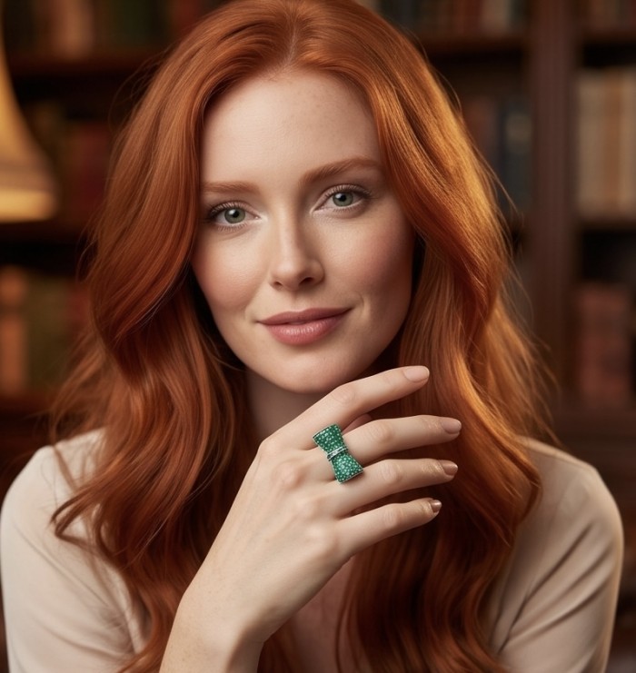 Precious Emerald bow- mystery setting authentic 16.2 carat Emerald .925 Sterling Silver Eternity Ring size 6 1/4 - Emerald bow ring worn on hand, showing front detail.