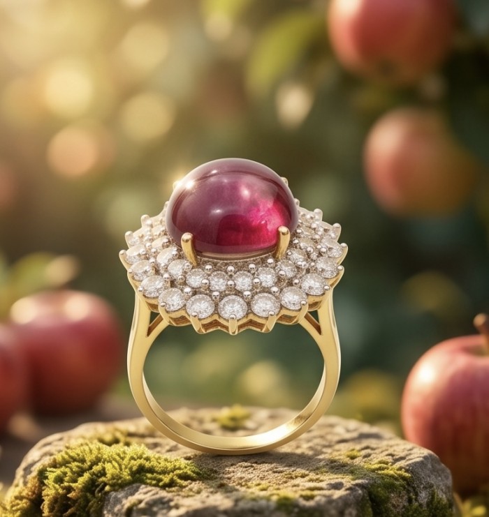 Francesca Authentic 10.9 carat Mozambique Ruby .925 Sterling Silver brilliantly handcrafted Statement Statement ring; s. 7 - Close-up of ruby ring with diamond accents on a mossy stone surface.