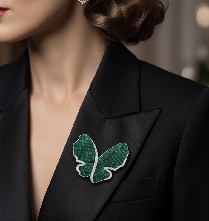 Butterfly - mystery setting- 19.2 carat Colombian Emerald .925 Sterling Silver handcrafted Brooch - Butterfly brooch with emeralds worn on black blazer lapel.