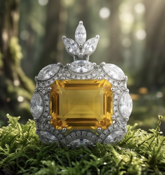 Vintage style boquette cut 12.8 carat yellow Sapphire .925 Sterling Silver DIPPED IN RHODIUM handmade Pendant - Close-up of vintage style 12.8 carat yellow sapphire pendant in the forest.