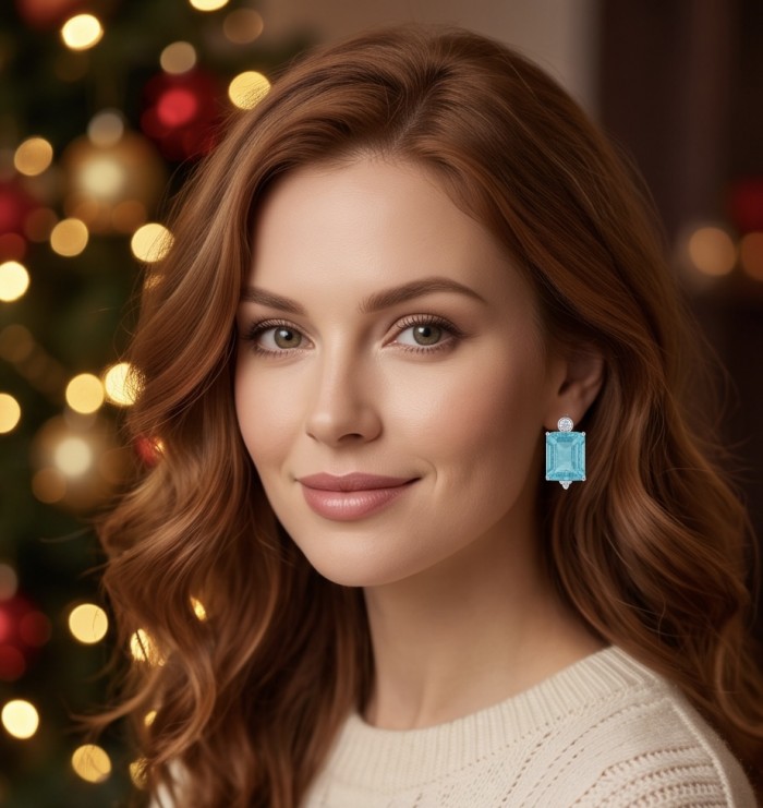 Angelina 5.9 carat authentic Aquamarine .925 Sterling Silver Handcrafted EARRINGS - Woman wearing Angelina 5.9 carat Aquamarine earrings, close-up view.