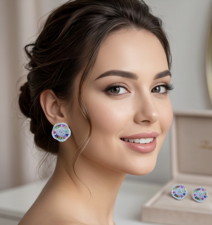 Extravaganza authentic 3.5 carat Multigem rhodium over .925 Sterling Silver Handcrafted Earrings - Woman wearing Extravaganza Multigem earrings, side view.