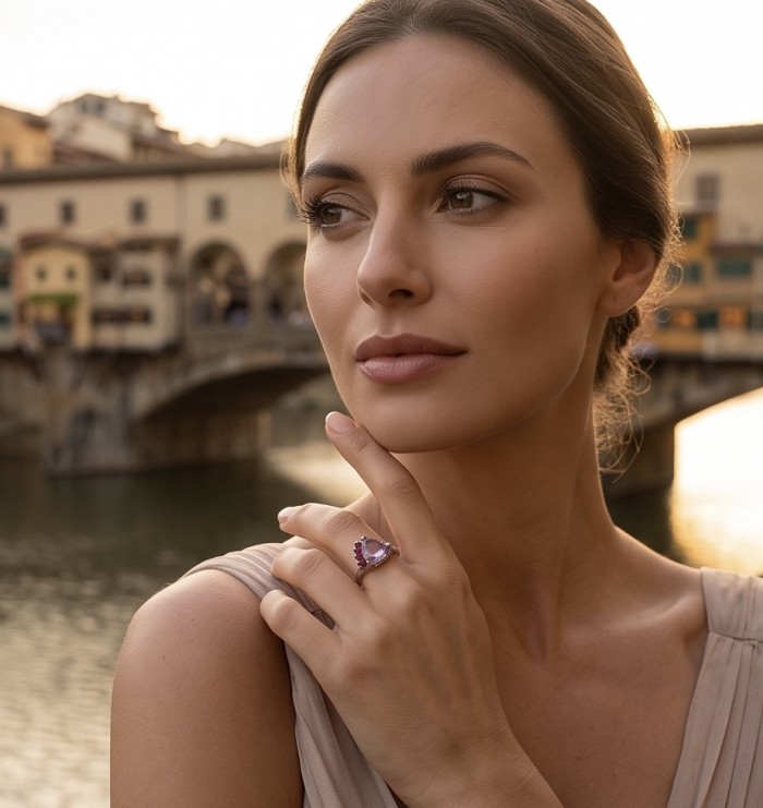 4.9 carat Amethyst rhodium over .925 Sterling Silver HUGE Ring s. 7 - Woman wearing amethyst ring, scenic background.
