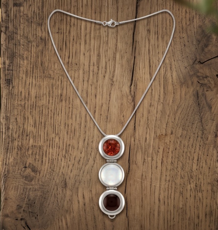 Convertible design - Incredible 30 inches long Baltic Amber rhodium over .925 Sterling Silver handmade Necklace - Convertible Baltic Amber necklace on wooden background, front view.