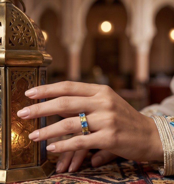 Sun and Ocean 5.8 carat Multigem rhodium over .925 Sterling Silver Handcrafted Ring size 6 - Ring worn on hand near ornate lantern, showcasing multigem details.