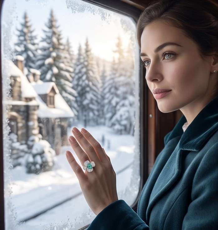 Elizabeth 8.8 carat Colombian Emerald 8.2 carat Moissanite .925 Sterling Silver dipped in Rhodium handcrafted Ring size 8 - Emerald and moissanite ring worn on hand, snowy background.