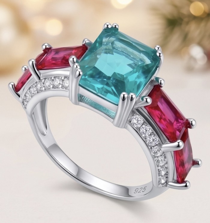 Natural 8.4 carat Kasmir Ruby .925 Sterling Silver dipped in rhodium handmade Statement Ring size 8 - Side view of silver ring with blue and red gemstones, accent diamonds