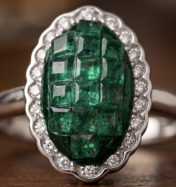 Estelle - Authentic mystery setting 1.9 carat COLOMBIAN EMERALD .925 Sterling Silver handcrafted Ring size 8 1/4 - Close-up of Estelle ring with mystery-set Colombian emeralds.
