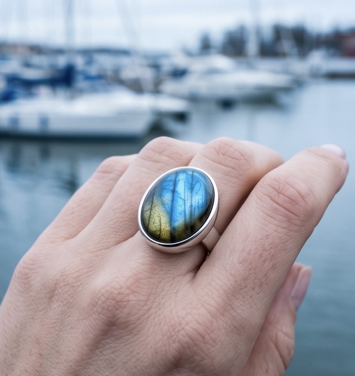 Shimmering Natural Labradorite .925 Sterling Silver handcrafted Large ring size 7 adjustable - Labradorite sterling silver ring worn on hand, marina background.