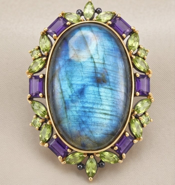 Large - Excellent quality Labradorite black rhodium over .925 Sterling Silver handcrafted Brooch - Close-up of labradorite brooch with peridot and amethyst accents.