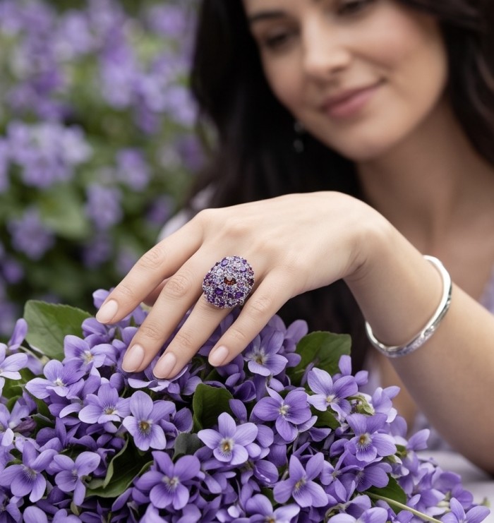 Giuseppina - Authentic 49.5 carat Amethyst Garnet rhodium over .925 Sterling Silver handcrafted Massive Statement Ring size 9 - Woman's hand wearing Giuseppina ring with purple flowers in background