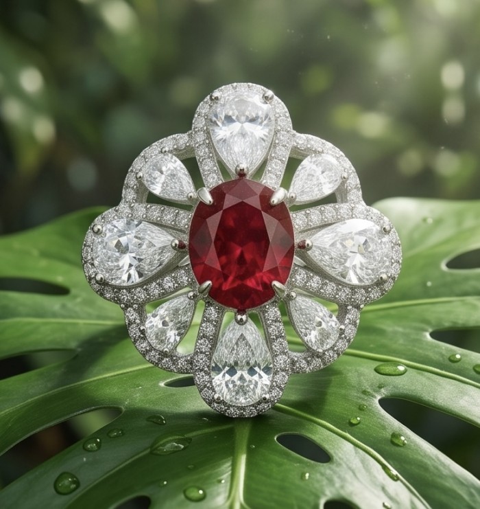 Exquisite 8.5 ctw Mozambique Ruby .925 Sterling Silver handcrafted Statement Ring size 7 - Close-up of a ruby and diamond sterling silver ring on a leaf.