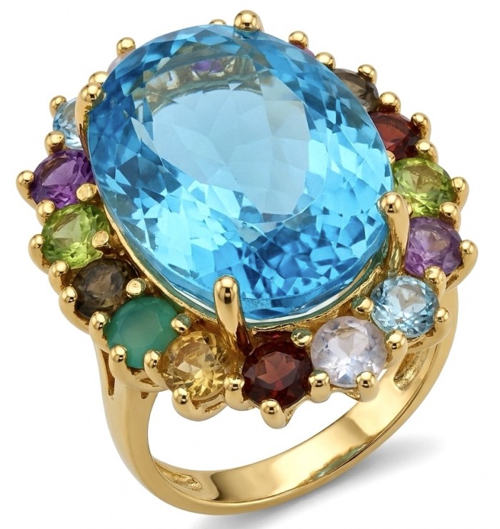 The Ocean Empress 55.8 carat Swiss Blue Topaz 22K Gold over .925 Sterling Silver dipped in rhodium handcrafted ring size 8 - Close-up of The Ocean Empress ring with blue topaz and colorful gemstones.