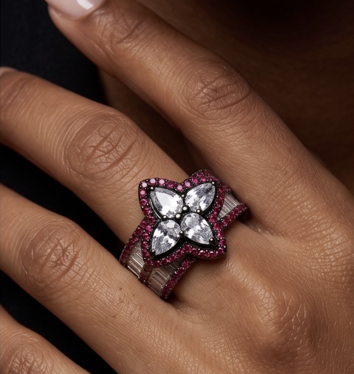 Elizabeth 4.2 carat Moissanite .925 Sterling Silver dipped in Rhodium handcrafted Ring size 8 - Moissanite ring worn on hand, close-up view showing intricate details.