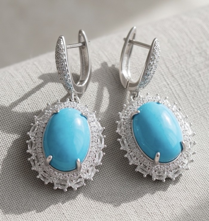 Authentic Sleeping Beauty Turquoise RHODIUM over .925 Sterling Silver handcrafted Statement Earrings - Close-up of turquoise earrings with silver accents on fabric surface.
