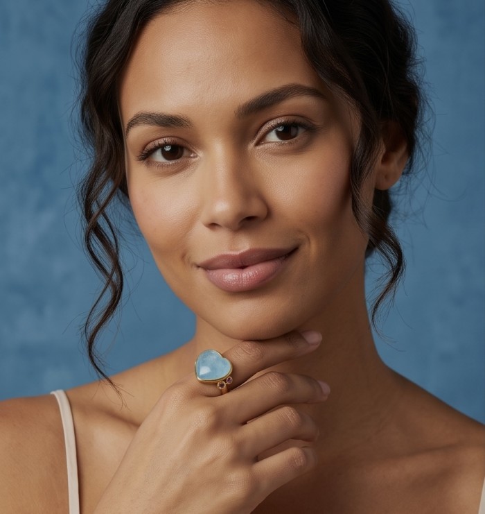 Angel's Heart 19.8 carat Aquamarine 18K Gold over .925 Sterling Silver handmade Ring size 9 - Model wearing Angel's Heart aquamarine ring on finger, close-up view.