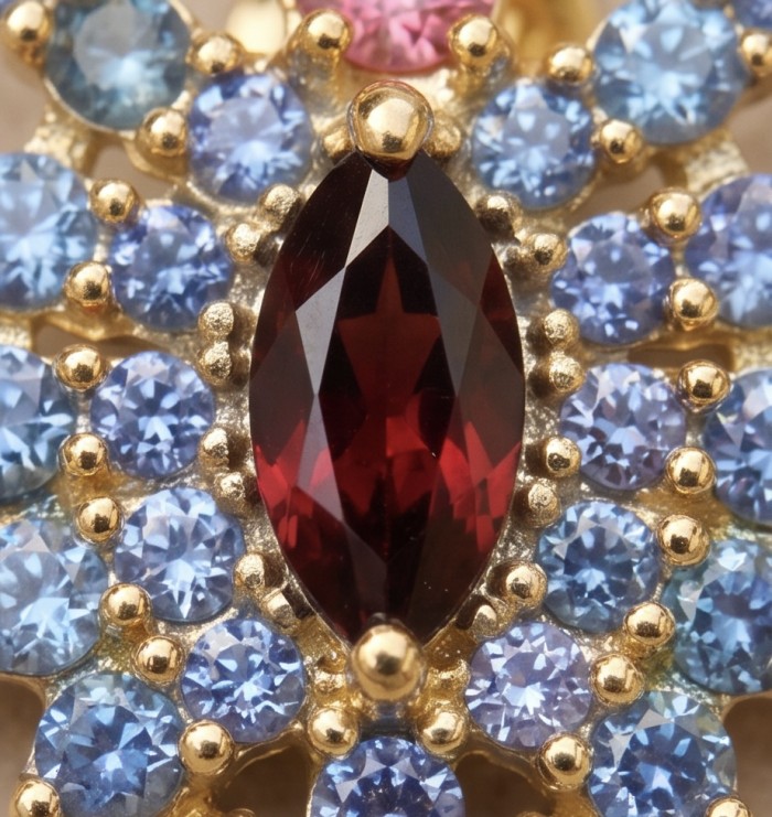 Scorpions authentic 4.2 carat Garnet Sapphire .925 Sterling Silver dipped in 22K Gold handcrafted earrings - Close-up of garnet and sapphire stones in gold setting.