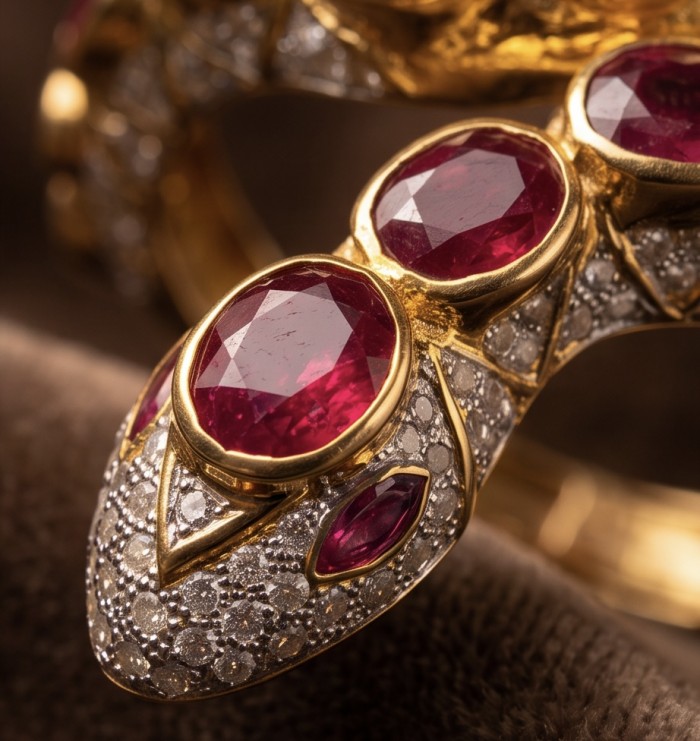 Huge Snake Genuine 37.9 carat Ruby 22K Gold over .925 Sterling Silver handcrafted Hinged Bangle Bracelet - Close-up of ruby and diamond snake design in gold jewelry piece.