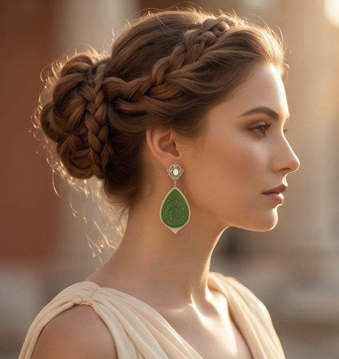 Enchanted Beauty 10.5 carat authentic Jade 14K Gold over .925 Sterling Silver handcrafted Long Statement earrings - Side view of Jade earrings worn by a woman with braided updo.