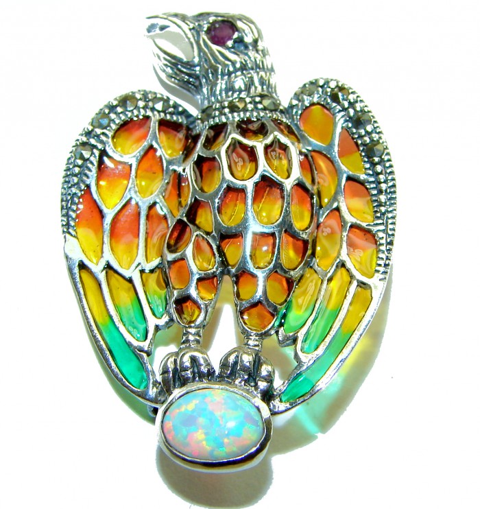 Natural Enamel Eagle Australian Opal .925 Sterling Silver Brooch Pendant Brooch - photo 1