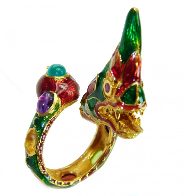 Dragon - symbolizes supernatural power- Enamel Ruby 18K Gold over .925 Sterling Silver Huge handcrafted Ring s. 9 - photo 4