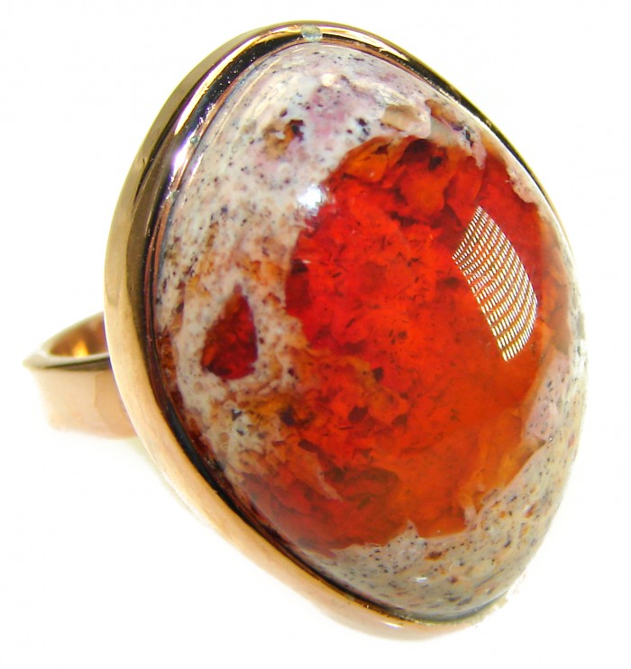 Inner Fire best quality 21.4 carat Mexican Opal 18K Gold over .925 Sterling Silver handmade ring 8 adjustable - Close-up of Mexican Opal ring in 18K gold setting.