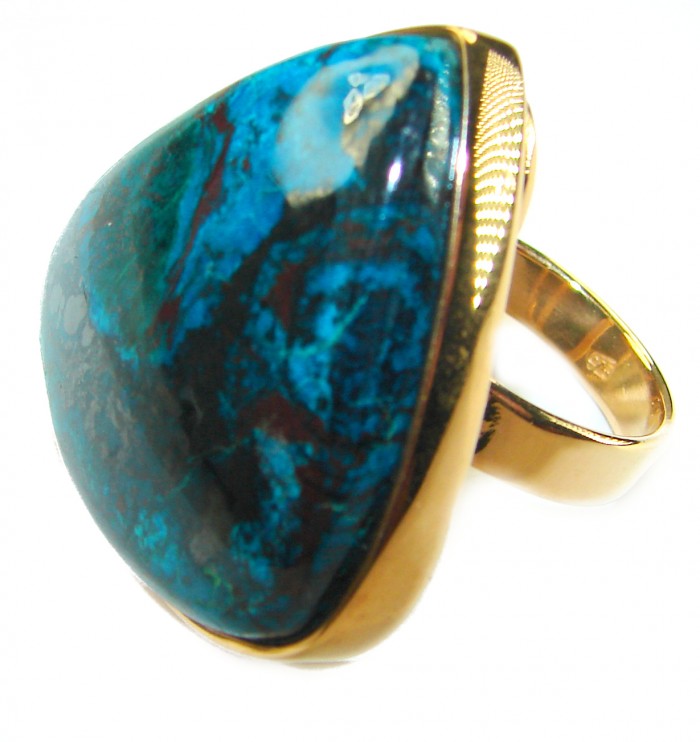 Great quality Parrot's Wings Chrysocolla 18K Gold over .925 Sterling Silver handcrafted Ring size 7 adjustable - Stone close-up of Parrot's Wings Chrysocolla ring in 18K gold over .925.