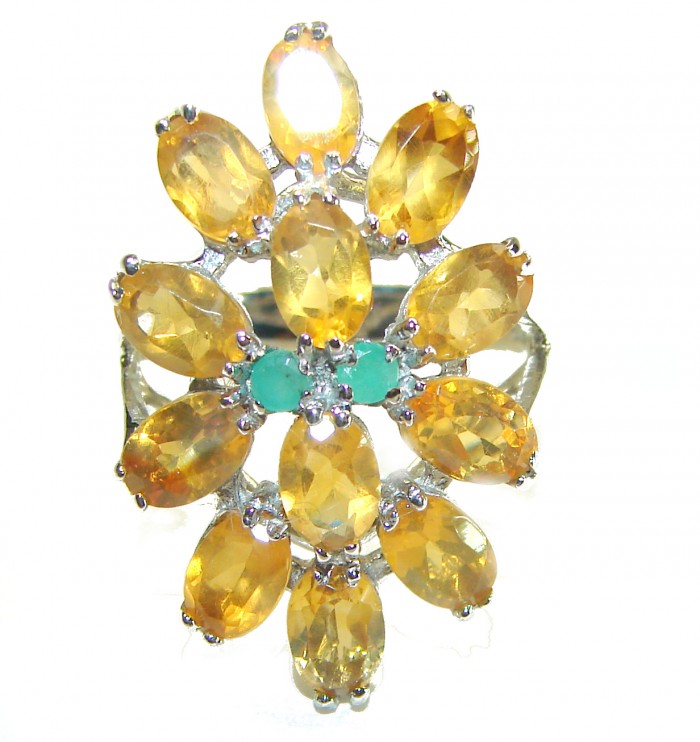 Real Beauty 8.5 carat Authentic Citrine .925 Sterling Silver handcrafted Statement ring size 8 - Top view of citrine and turquoise sterling silver ring