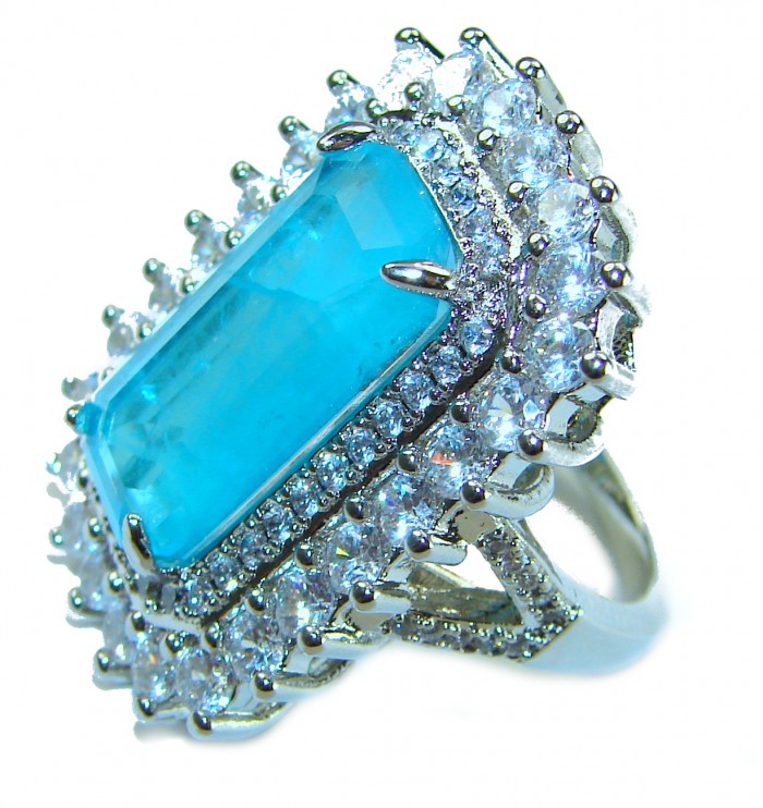 Luxurious baquette Cut 26.5 ctw Paraiba Tourmaline .925 Sterling Silver handcrafted Statement Ring size 8 - Close-up of luxurious Paraiba Tourmaline ring with diamond accents