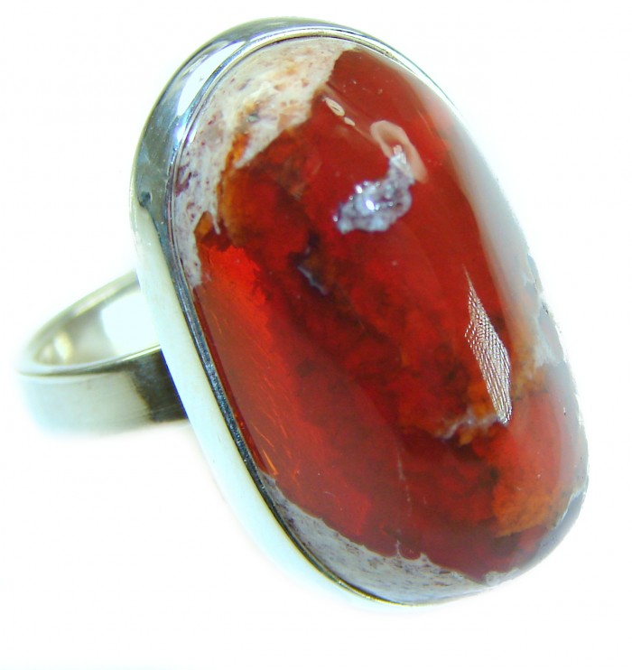 Bonfire Night best quality 26.5 carat Mexican Opal 18K Gold over .925 Sterling Silver handmade ring 8 - Close-up of Mexican Opal ring in 18K gold, showing stone details.