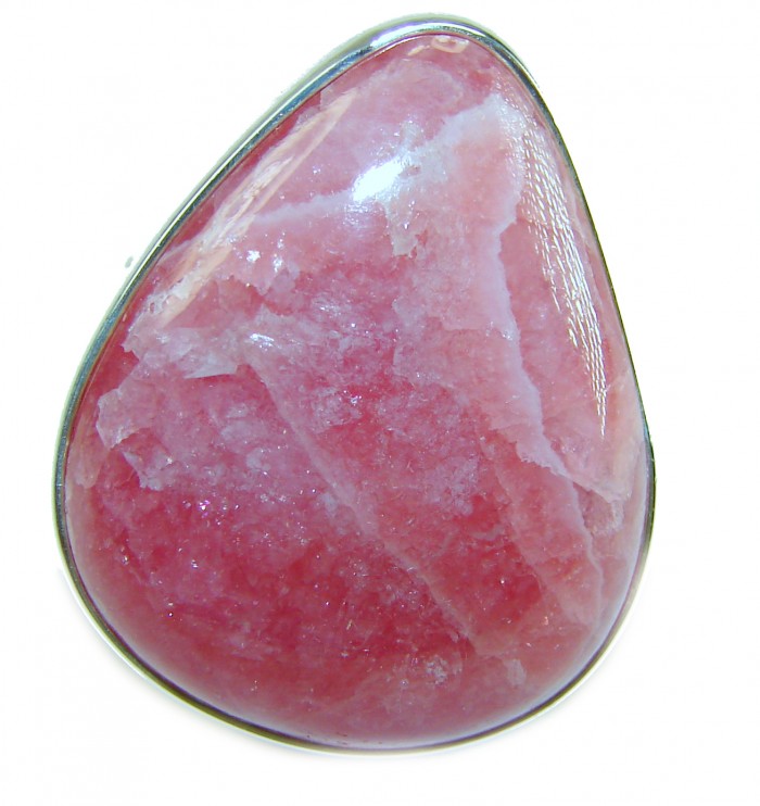 Strawberry Fields - 28.8 CARAT Argentinian Rhodochrosite .925 Sterling Silver handmade ring size 8 - Close-up of Argentinian Rhodochrosite stone, 28.8 carats in pink tones.