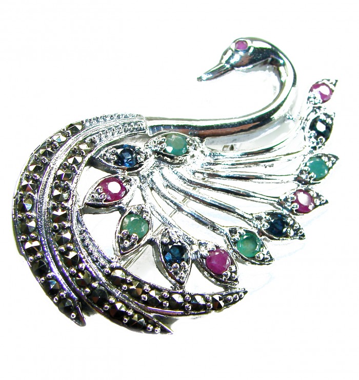 Perfect Swan Ruby 18K Gold over .925 Sterling Silver handmade Pendant Brooch - Swan-shaped brooch with multicolored stones, side view close-up.