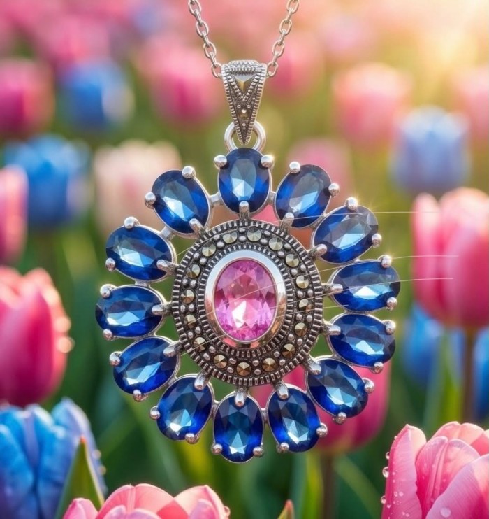 Marvelous Natural 20.8 carat Pink Topaz London Blue Topaz .925 Sterling Silver Handcrafted pendant - Pendant close-up with pink and blue topaz, tulip background.
