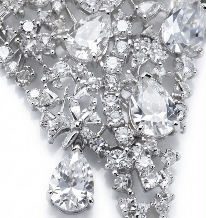 Veronica - Precious 35.5 carta White Topaz rhodium over .925 Sterling Silver .925 Sterling Silver Statement Necklace - Close-up of Veronica precious white topaz and rhodium necklace.