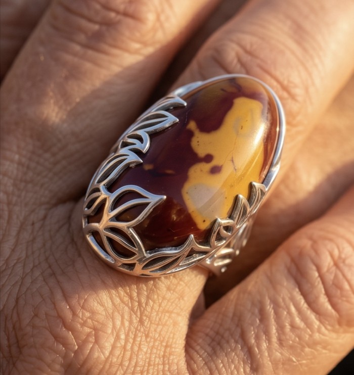 Caterina 25.8 carat Mookaite .925 Sterling Silver brilliantly handcrafted ring s. 7 adjustable - Stone close-up of Caterina Mookaite ring on hand, .925 Sterling Silver.