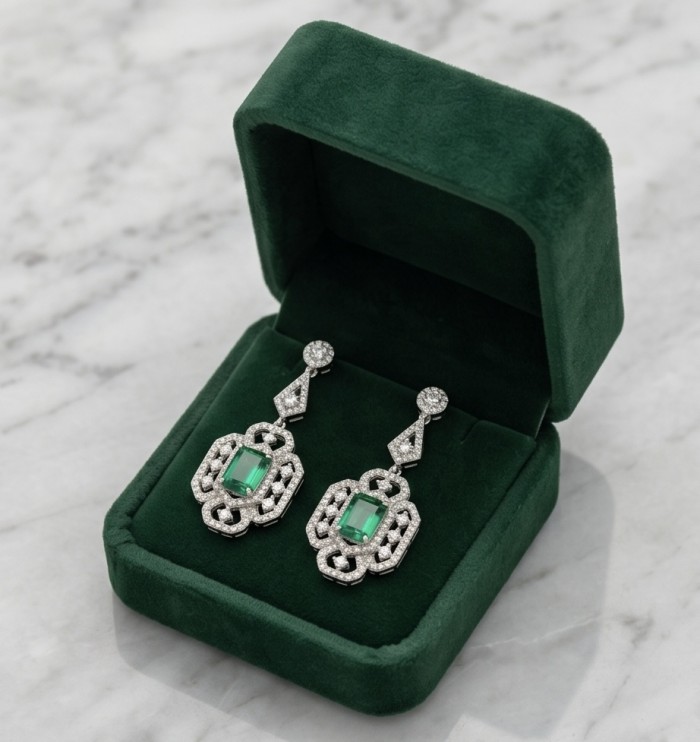 Magnificent Jewel 17.5 carat Emerald 14K white Gold over .925 Sterling Silver handcrafted earrings - Emerald earrings in open green box on marble background
