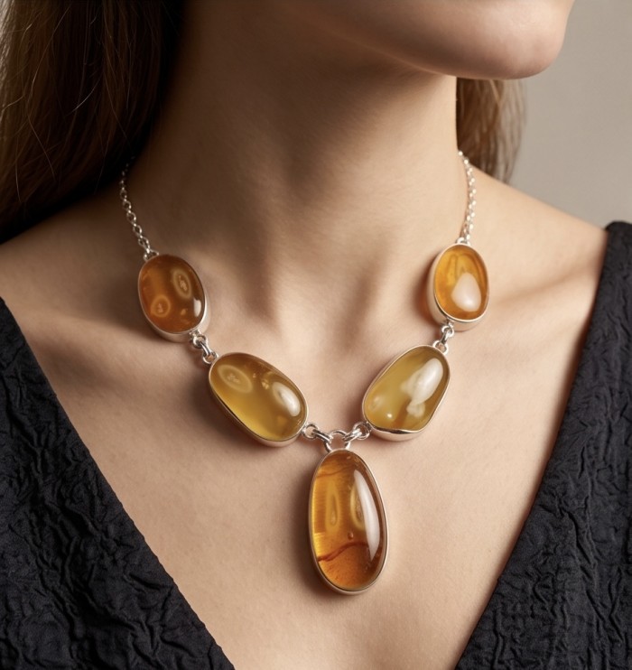 Rare!!! Dazzling 308.2 carat natural Golden Baltic Amber .925 Sterling Silver handcrafted necklace - Golden Baltic Amber necklace worn on neck, front view.