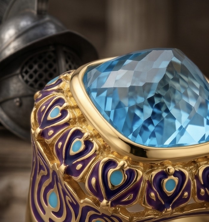 Dream Natural fancy Rose cut 22.8 carat Swiss Blue Topaz Enamel .925 Sterling Silver dipped in 22K Gold handmade Large Statement Ring size 6 3/4 - Close-up of Dream Natural 22.8 ct Blue Topaz with gold and purple details