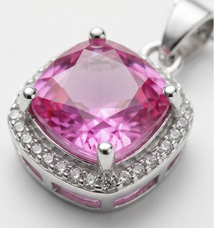 Isabella - delicate 1.9 carat Pink Sapphire .925 Sterling Silver handcrafted Statement Necklace - Close-up of pink sapphire pendant with diamond accents in sterling silver