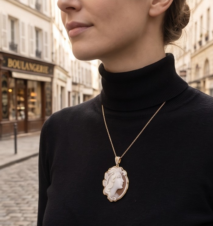 Dancing with the wind - vintage style Real Shell Cameo .925 Sterling Silver DIPPED IN RHODIUM handcrafted Made in Italy Statement pendant - Cameo necklace worn, side view in a Parisian street background.