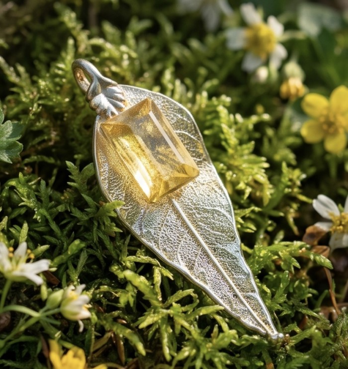 Stylish REAL Leaf dipped in Gold 11.5 carat Garnet .925 Sterling Silver Pendant - Gold-dipped leaf pendant with garnet, on natural background, angled view.