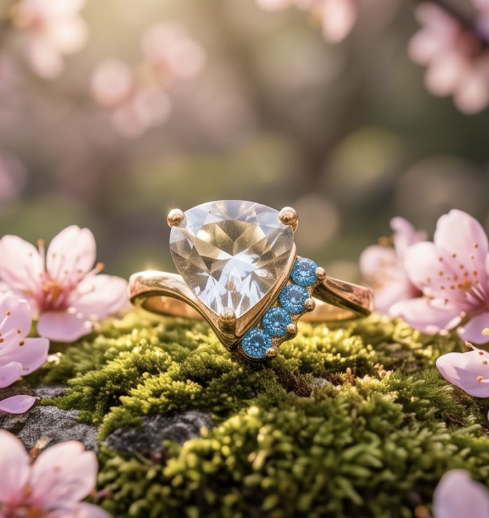 3.2 carat Brazilian Citrine .925 Sterling Silver dipped in 14K Gold handcrafted ring; s. 7 - Close-up of a citrine and blue gem ring with floral background