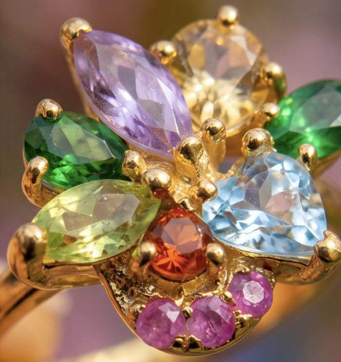 Flower 5.8 carat Multigem 18K Gold over .925 Sterling Silver Handcrafted Ring size 7 - Stone close-up of multigem 18K gold over sterling silver ring