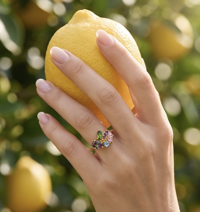 Juicy Gems 5.8 carat Multigem 18K Gold over .925 Sterling Silver Handcrafted Ring size 8 - Close-up: Juicy Gems multigem ring worn on hand holding a lemon.