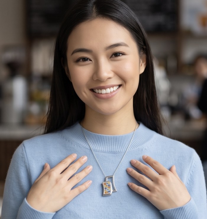 Modern Concept authentic 4.8 carat multicolor Sapphire .925 Sterling Silver handmade Pendant - Woman wearing Modern Concept 4.8 carat multicolor Sapphire necklace.