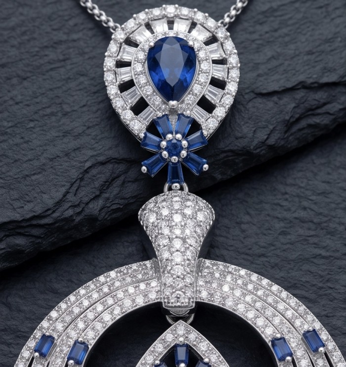 Precious 7.2 carat natural Sapphire rhodium over .925 Sterling Silver .925 Sterling Silver Statement Necklace - Close-up of sapphire and diamond necklace pendant detail