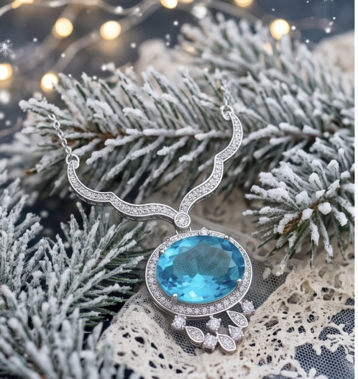 A Wild Ocean genuine 27.4 carat Paraiba Tourmaline .925 Sterling Silver handmade Statement necklace - Necklace with Paraiba Tourmaline and diamonds on snowy fir background