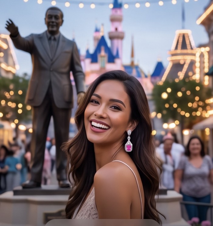 Incredible 10.5 carat Pink Topaz .925 Sterling Silver entirely handmade earrings - Pink Topaz earrings worn by model, Disney castle in background.