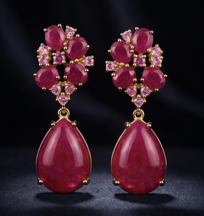 Giovanna - Magnificent Jewel - 24.2 carat Kashmir Ruby .925 Sterling Silver dipped in 22K Gold handcrafted incredible Statement earrings - Front view of ruby earrings with gold settings and pink accents