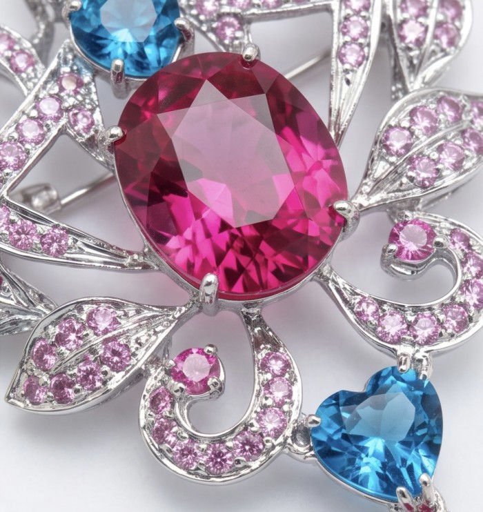 Marie Antoinette's Style 28.9 grams Fuchsia Pink Sapphire .925 Sterling Silver dipped in Rhodium handmade LARGE Pendant - Brooch - Close-up of vintage style fuchsia pink sapphire brooch with blue accents